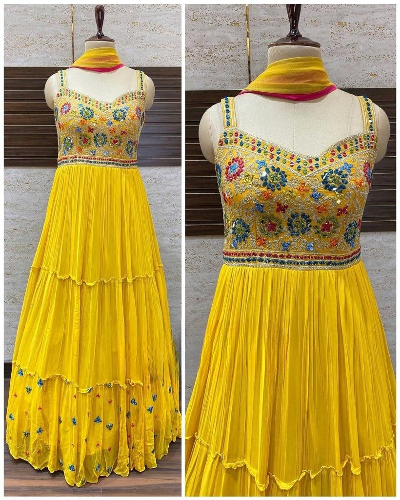 Haldi Special Yellow Embroidery Work Gown