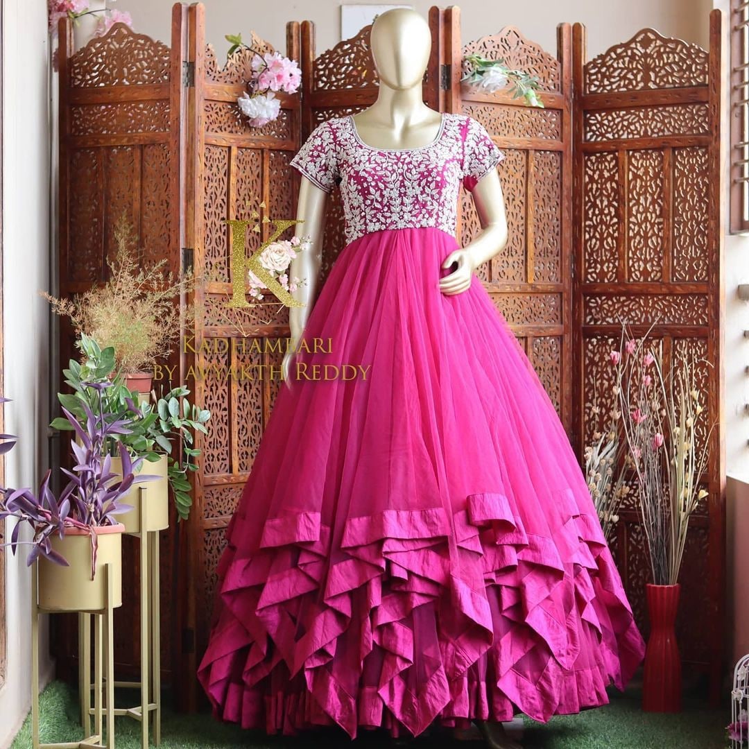 Latest Designer Party Wear 3 Layer Gown In Pink