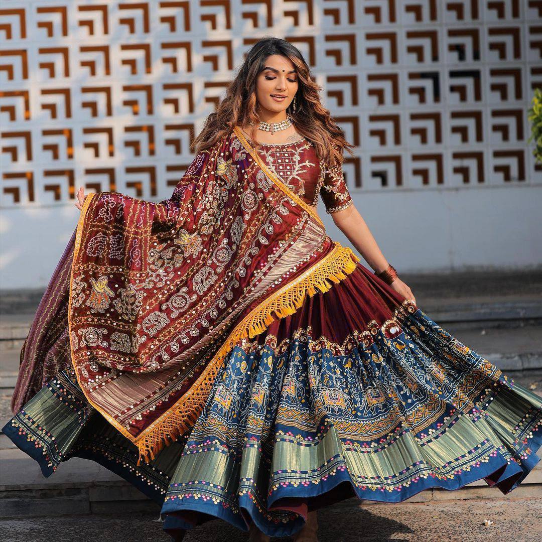 Outstanding Printed Work Brown Color Navratri Wear Lehenga Choli