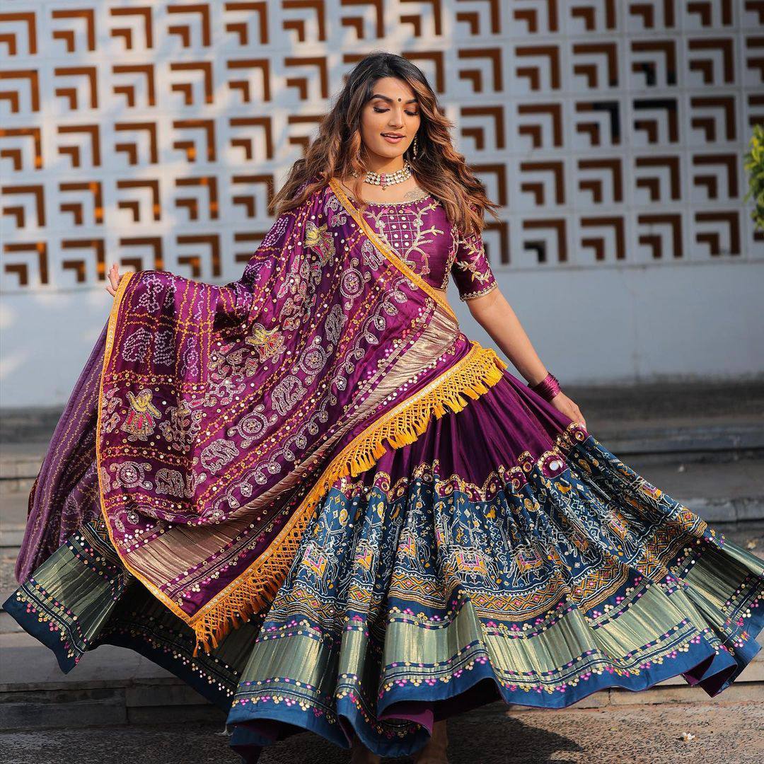 Splendid Printed Work Wine Color Navratri Wear Lehenga Choli