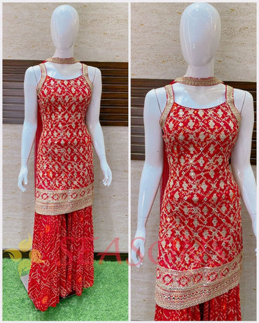 Trending Heavy Red Colour Printed With Embroidery Work Sharara