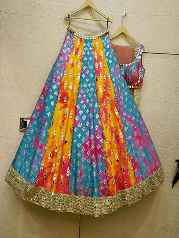 Party Wear Multi Color Mirror With Printed Lehenga Choli