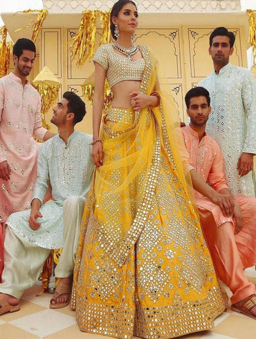 Party Wear Yellow Color Designer Mirror Lehenga Choli