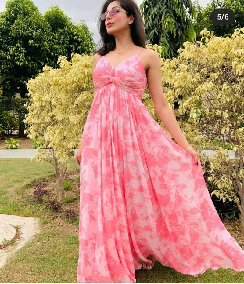 Baby Pink Color Floral Digital Print Western Dress