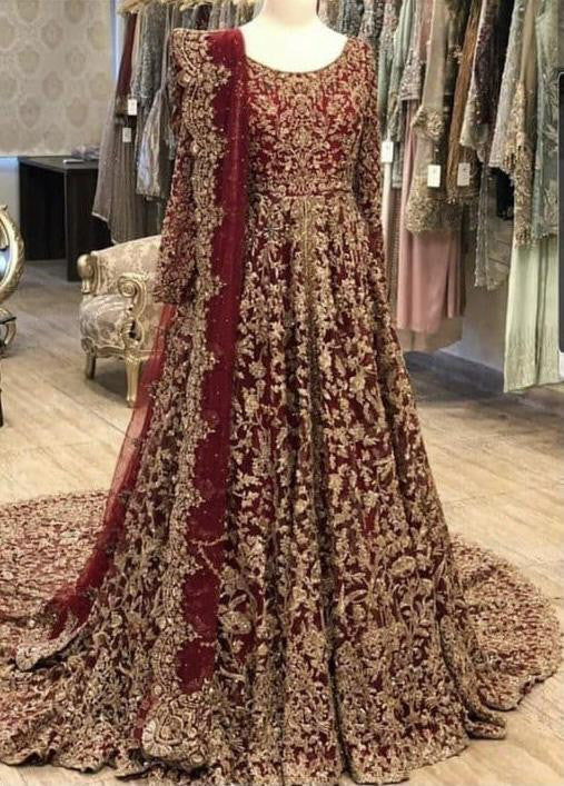 Imposing Red Color Wedding Wear Heavy Long Gown With Dupatta