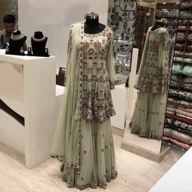 Outstanding Off White Color Embroidery Work Sharara Suit